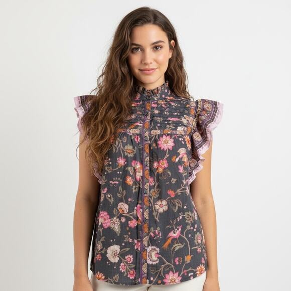 Sundance Tops - Sundance Marcleine Floral Top Coquette Ruffle Pintuck Boho Cottagecore Large